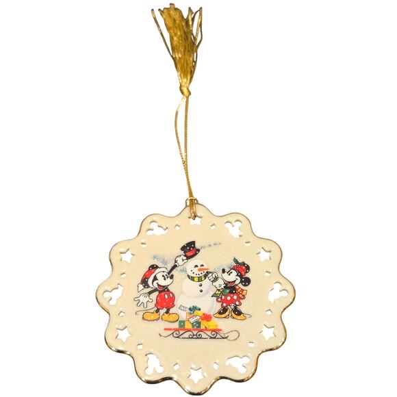 Lenox China Disney Mickey Minnie Building Snowman Flat Cream Gold 3.4" Tall - Picture 2 of 4